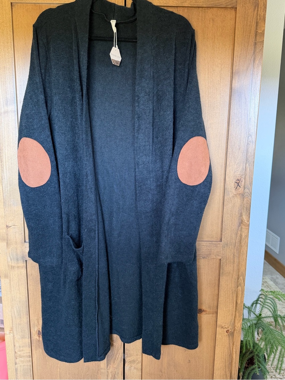 PinkBlush Plus Size 2X Black Long Cardigan Sweater Elbow Patch Pockets